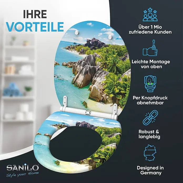 WC-Sitz mit Absenkautomatik & Top Fix Seychellen -  - Toilettensitz mit tropischem Strandmotiv. Beworbene Merkmale: einfache Top-Montage, schnelle Abnahme, Robustheit und deutsches Design.
