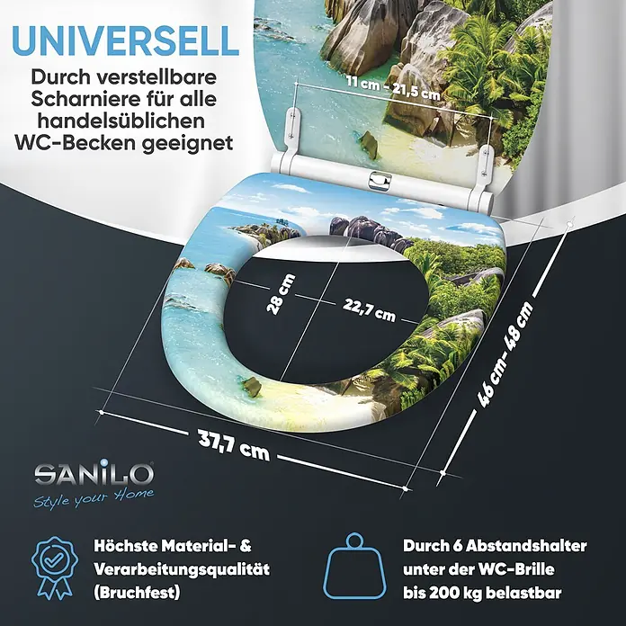 WC-Sitz mit Absenkautomatik & Top Fix Seychellen -  - WC-Sitz mit tropischem Strandmotiv, verstellbaren Scharnieren, hoher Materialqualität und 200 kg Tragkraft, Maße abgebildet.