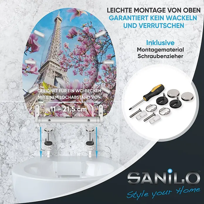 WC-Sitz mit Absenkautomatik & Top Fix Paris -  - WC-Sitz mit Eiffelturm-Magnolien-Design, einfacher Top-Montage und verstellbarem Lochabstand (11-21,5 cm). Montagematerial inklusive.