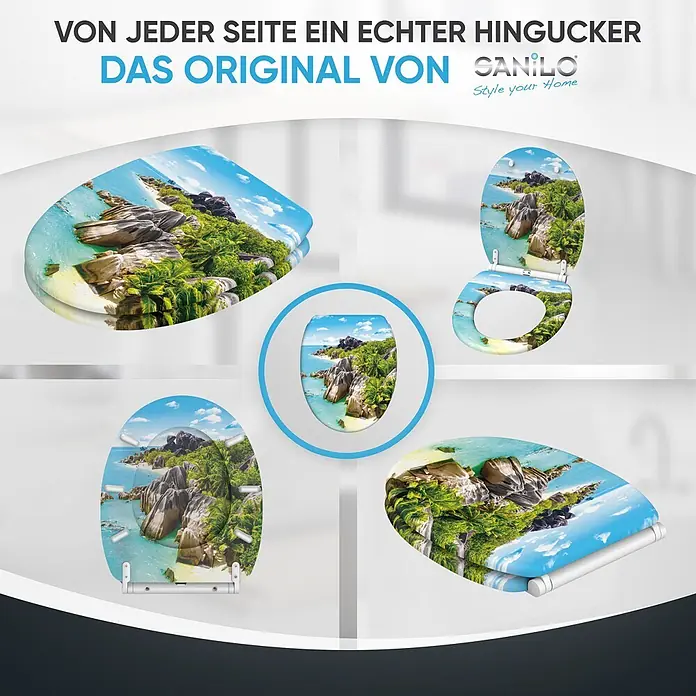 WC-Sitz mit Absenkautomatik & Top Fix Seychellen -  - Toilettensitz mit lebhaftem tropischem Strand- und Ozeanmotiv, aus verschiedenen Blickwinkeln dargestellt.