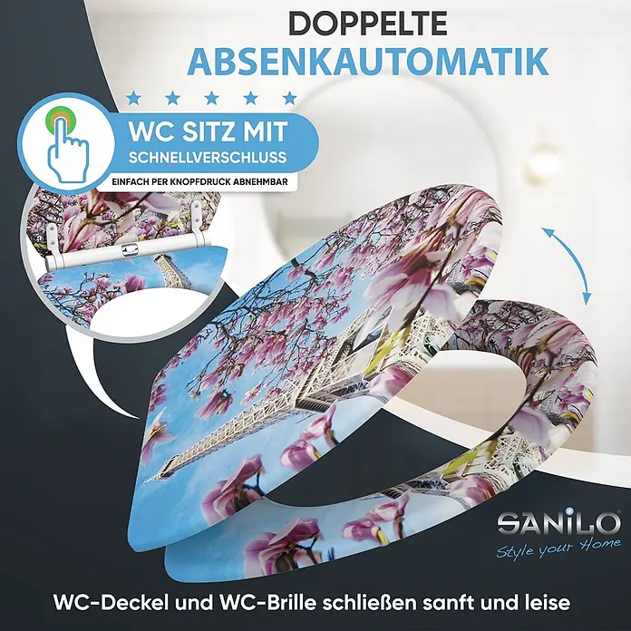 WC-Sitz mit Absenkautomatik & Top Fix Paris -  - WC-Sitz mit floralem Eiffelturm-Design, doppelter Absenkautomatik und Schnellverschluss zur einfachen Abnahme.