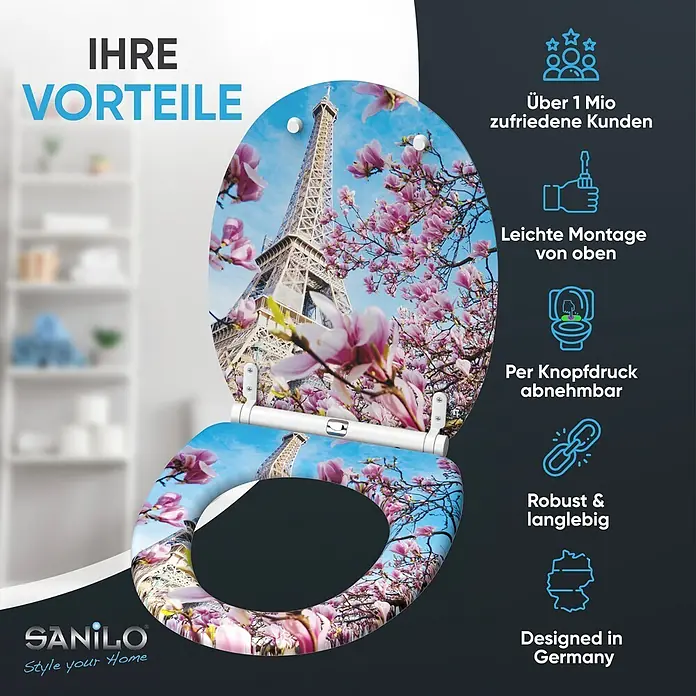 WC-Sitz mit Absenkautomatik & Top Fix Paris -  - Toilettensitz mit Eiffelturm- und rosa Magnolienblüten-Print.