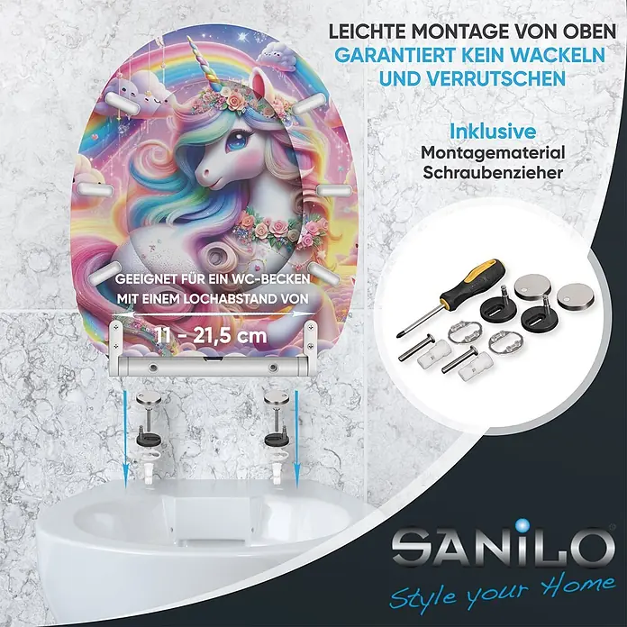 WC-Sitz mit Absenkautomatik & Top Fix Einhorn -  - Ein Toilettensitz mit Einhorn-Design, Top-Montage, inkl. Montagematerial und Schraubenzieher. Lochabstand 11-21,5 cm.