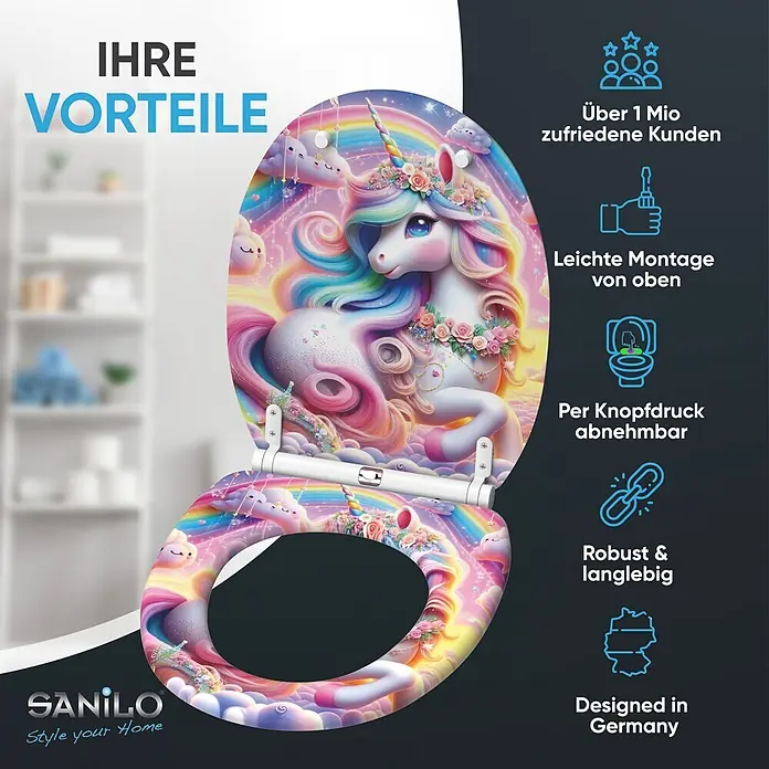 WC-Sitz mit Absenkautomatik & Top Fix Einhorn -  - Bunter Toilettensitz mit Einhorn- und Regenbogen-Design, beworben mit Vorteilen wie einfacher Montage und Abnehmbarkeit.