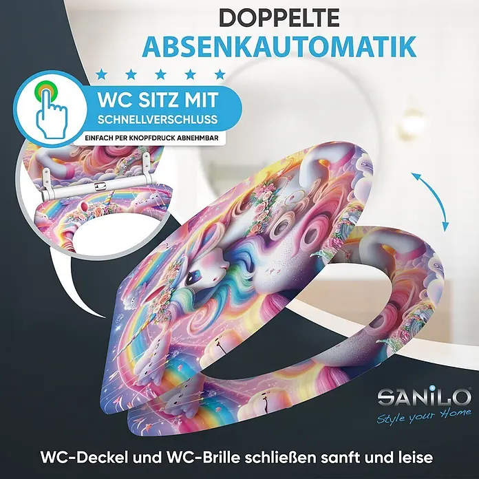 WC-Sitz mit Absenkautomatik & Top Fix Einhorn -  - Bunter WC-Sitz mit Einhorn- und Regenbogendesign, doppelter Absenkautomatik und Schnellverschluss zum einfachen Abnehmen.