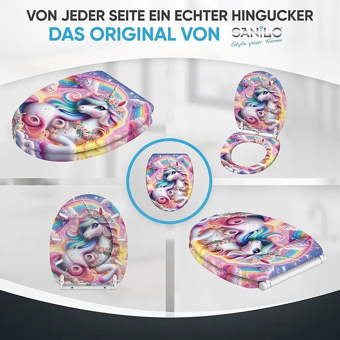 WC-Sitz mit Absenkautomatik & Top Fix Einhorn -  - Farbenfroher WC-Sitz mit einem verspielten Einhorn-, Regenbogen- und Blumenmotiv, aus verschiedenen Blickwinkeln dargestellt.