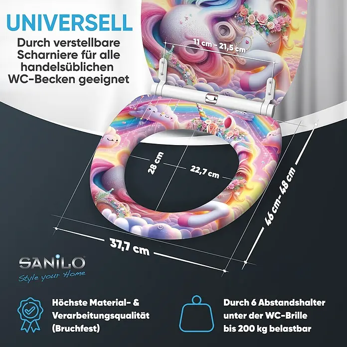 WC-Sitz mit Absenkautomatik & Top Fix Einhorn -  - WC-Sitz mit Einhorn- und Regenbogen-Design, verstellbaren Scharnieren für universelle Passform, bruchfest und bis 200 kg belastbar.