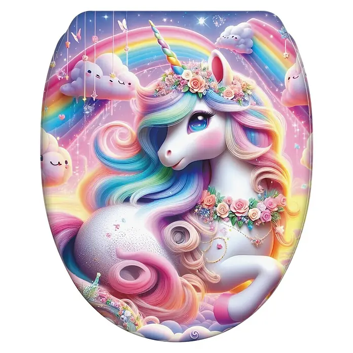WC-Sitz mit Absenkautomatik & Top Fix Einhorn -  - Toilettensitzbezug mit verträumtem Einhorn- und Regenbogendesign in leuchtenden Pastellfarben und Sternakzenten.