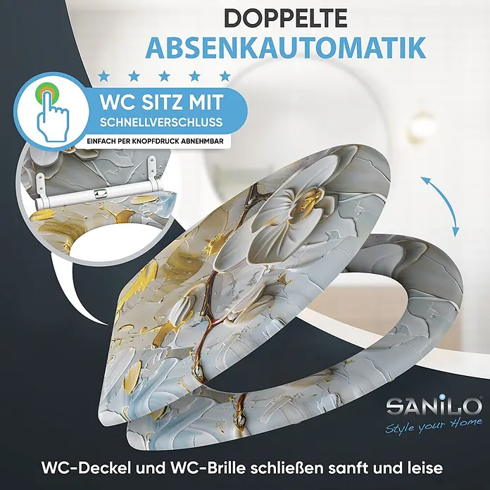 WC-Sitz mit Absenkautomatik & Top Fix Ornella -  - WC-Sitz mit doppelter Absenkautomatik und Schnellverschluss, verziert mit einem abstrakten, strukturierten Muster in Weiß, Grau und Gold.