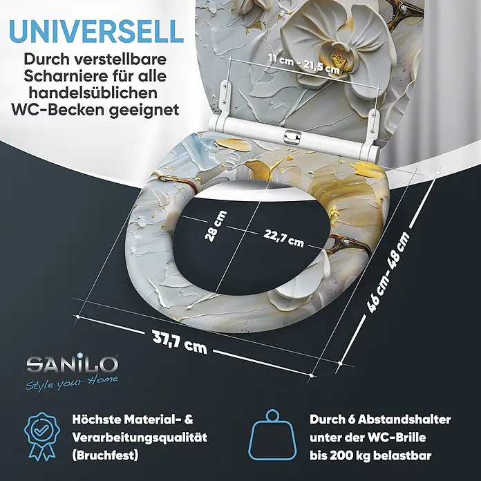 WC-Sitz mit Absenkautomatik & Top Fix Ornella -  - Dekorativer WC-Sitz mit floralem Muster in Weiß-Gold, universell einsetzbar durch verstellbare Scharniere, bis 200 kg belastbar.