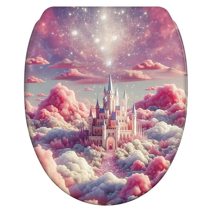 WC-Sitz mit Absenkautomatik & Top Fix Wonderland -  - Toilettensitz mit zauberhaftem Schloss in rosa Wolken unter Sternenhimmel.