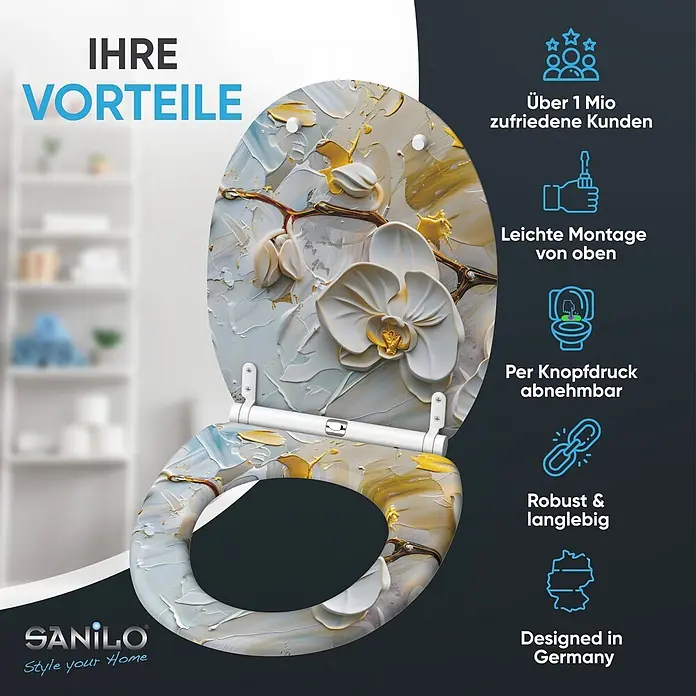 WC-Sitz mit Absenkautomatik & Top Fix Ornella -  - Toilettensitz mit weiß-goldenem Spachtel-Orchideenmuster. Mit einfacher Top-Montage und Schnellverschluss zum Reinigen.