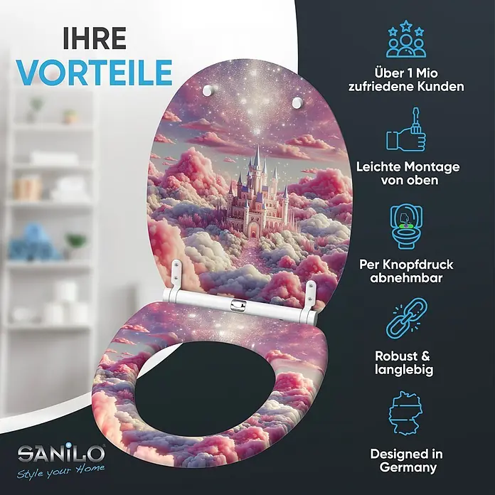 WC-Sitz mit Absenkautomatik & Top Fix Wonderland -  - Weißer WC-Sitz mit rosa Wolken- und Märchenschlossmotiv, präsentiert mit Marketingtext zu seinen Funktionen.