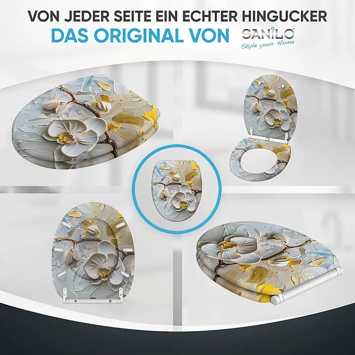 WC-Sitz mit Absenkautomatik & Top Fix Ornella -  - Toilettensitz mit detailliertem weißem Orchideen- und Gold-Impasto-Kunstdesign, geschlossen, geöffnet und aus verschiedenen Blickwinkeln gezeigt.