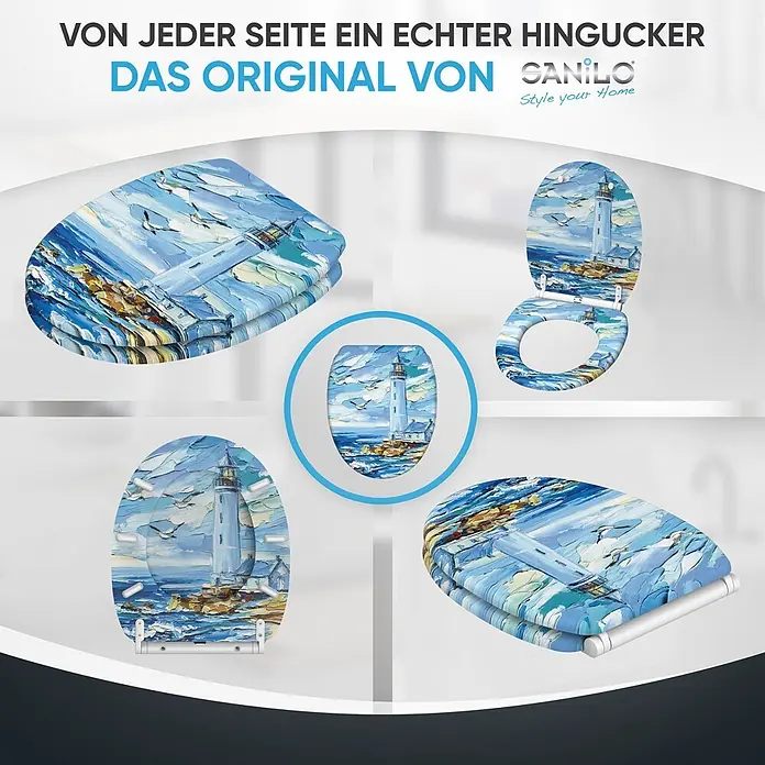 WC-Sitz mit Absenkautomatik & Top Fix Coast -  - Toilettensitz mit lebhaftem, impressionistischem Leuchtturm- und Meerbild in Blautönen. Aus verschiedenen Winkeln, offen und geschlossen, gezeigt.