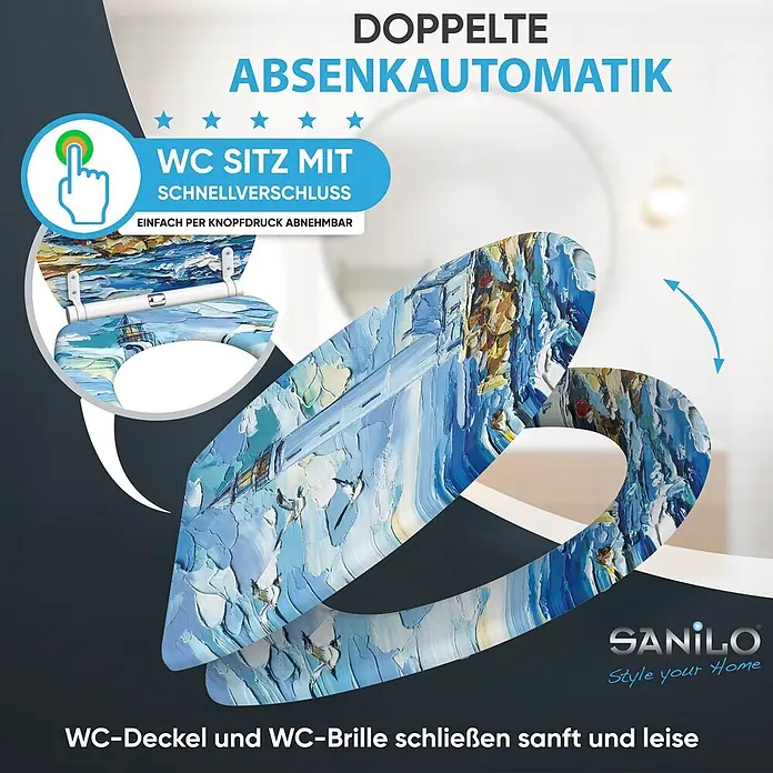 WC-Sitz mit Absenkautomatik & Top Fix Coast -  - Dekorativer WC-Sitz mit doppelter Absenkautomatik, Schnellverschluss und blauem Texturdesign für einfache Reinigung.