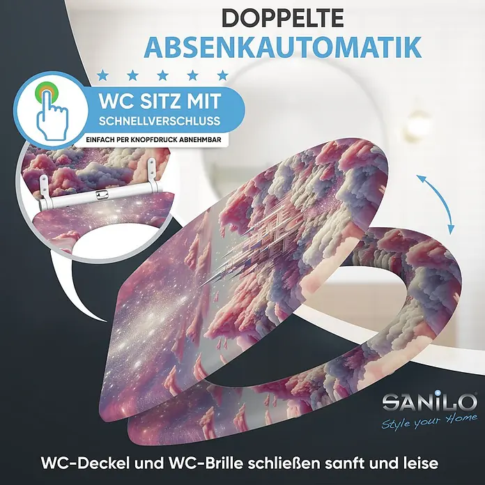 WC-Sitz mit Absenkautomatik & Top Fix Wonderland -  - WC-Sitz mit Doppel-Absenkautomatik und Schnellverschluss, mit Fantasy-Wolken-/Galaxie-Design.