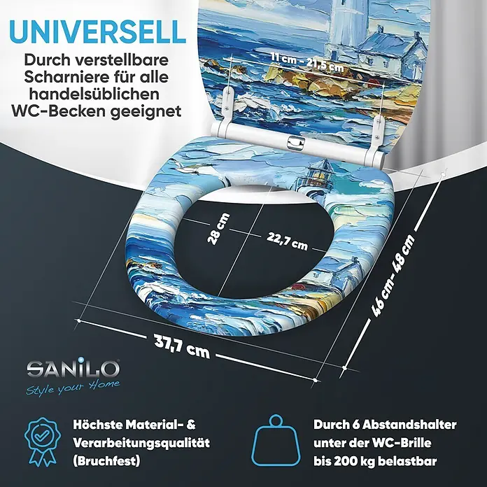 WC-Sitz mit Absenkautomatik & Top Fix Coast -  - WC-Sitz mit blauem Leuchtturm- und Meeresgemälde, verstellbaren Scharnieren für universelle Passform, hochwertigem, bruchfestem Material und 200 kg Tragfähigkeit.