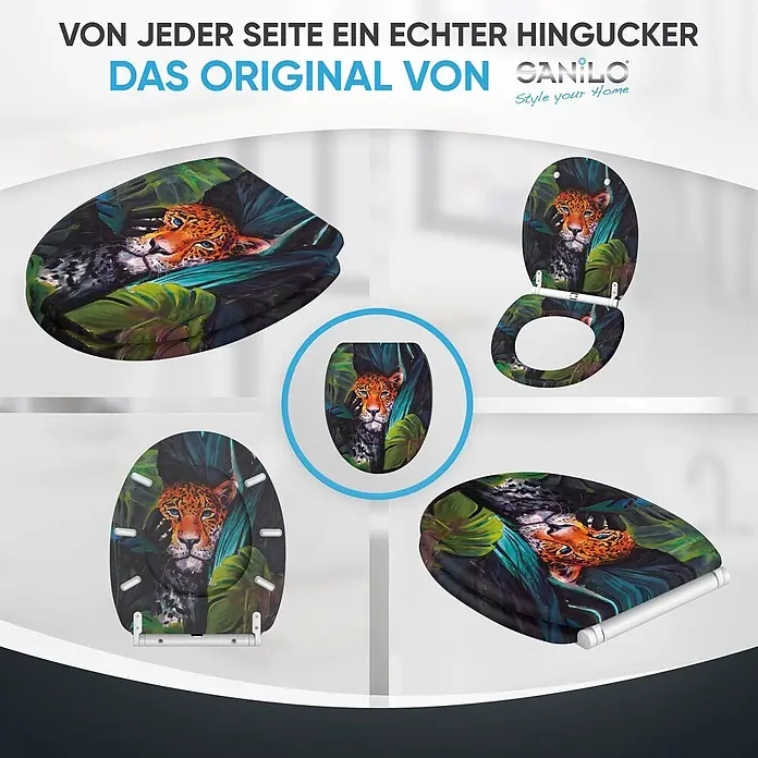 WC-Sitz mit Absenkautomatik & Top Fix Hunter -  - Toilettensitz mit lebhaftem Jaguar- und Tropenblätterdruck. Mehrere Ansichten betonen das detailreiche, farbenfrohe Design.