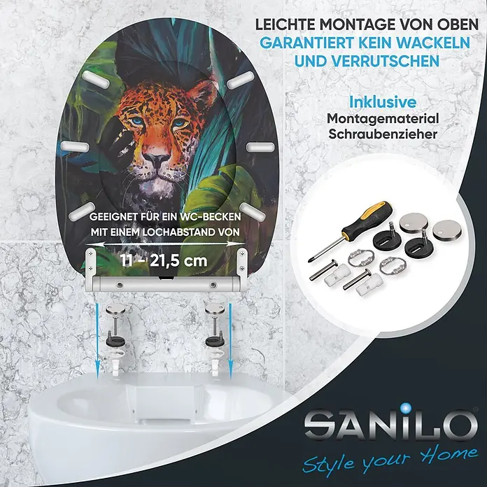 WC-Sitz mit Absenkautomatik & Top Fix Hunter -  - Toilettensitz mit Jaguarmotiv, Montage von oben mit beiliegendem Material. Geeignet für Lochabstand 11-21,5 cm, für festen Halt.
