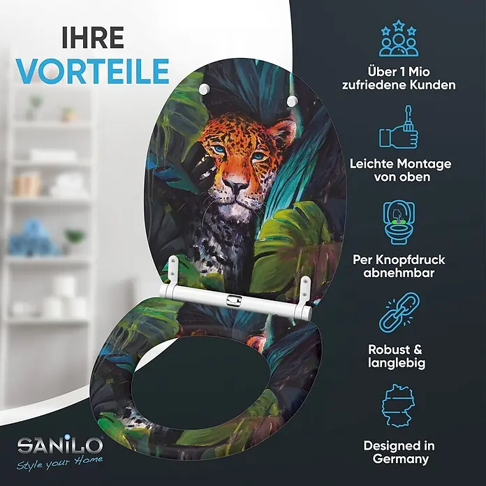 WC-Sitz mit Absenkautomatik & Top Fix Hunter -  - Toilettensitz mit künstlerischem Dschungelprint, der ein majestätisches Jaguar-Gesicht und tropische Blätter zeigt.