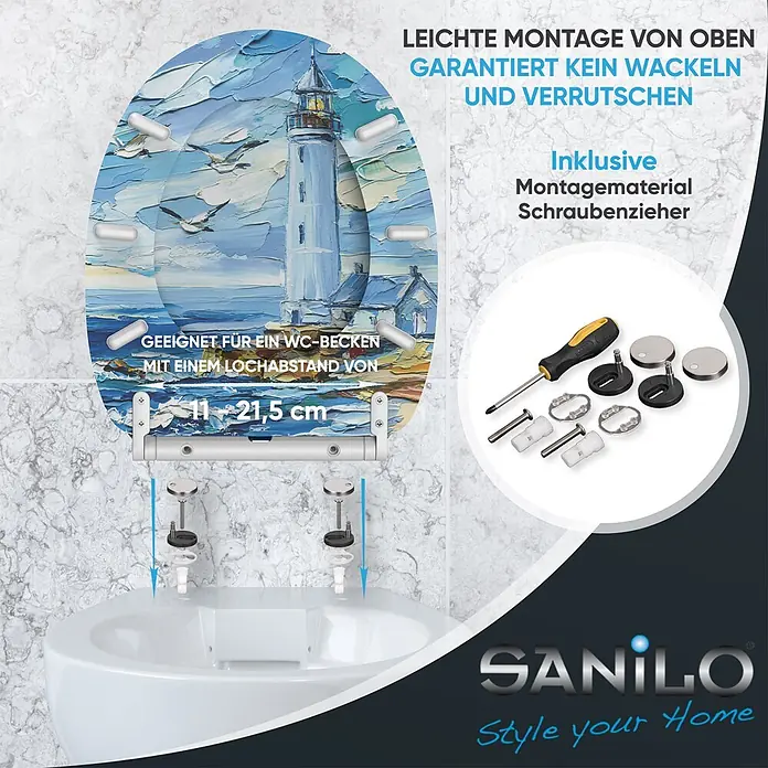 WC-Sitz mit Absenkautomatik & Top Fix Coast -  - Dekorativer Toilettensitz mit Leuchtturm-Design, einfacher Top-Montage und inklusive Montagematerial. Lochabstand 11-21,5 cm.