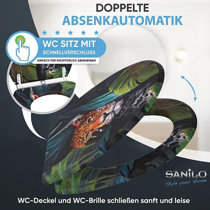 WC-Sitz mit Absenkautomatik & Top Fix Hunter -  - WC-Sitz mit Dschungelmotiv (Jaguar), doppelter Absenkautomatik und Schnellverschluss.