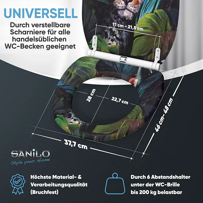 WC-Sitz mit Absenkautomatik & Top Fix Hunter -  - WC-Sitz mit Dschungelmotiv und Panther, zeigt Maße und hebt verstellbare Scharniere sowie 200 kg Tragfähigkeit hervor.