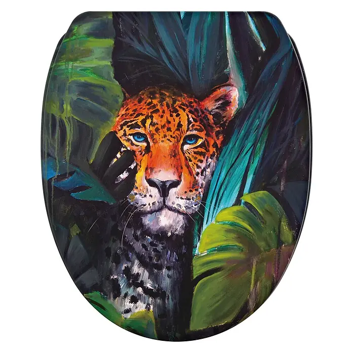 WC-Sitz mit Absenkautomatik & Top Fix Hunter -  - Toilettensitz mit einem gemalten Leopardenkopf und blauen Augen inmitten üppigen Grüns.