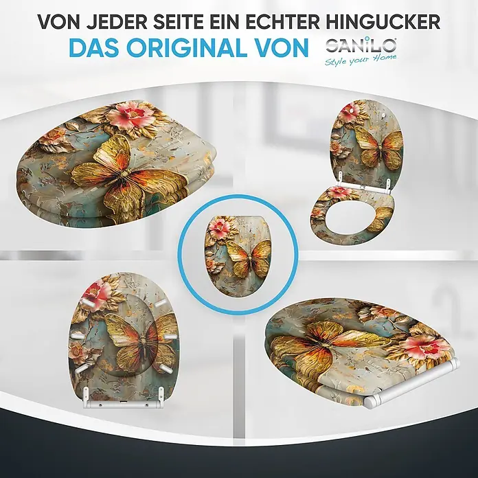 WC-Sitz mit Absenkautomatik & Top Fix Flutterby -  - WC-Sitz mit opulentem Gold-Schmetterling- und Blumendesign auf strukturiertem Grau-Blau, aus verschiedenen Ansichten gezeigt.