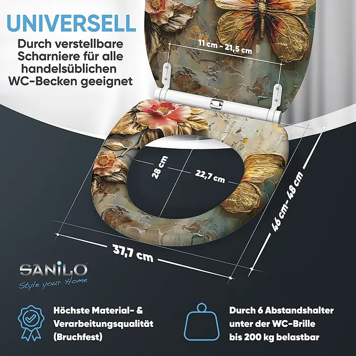 WC-Sitz mit Absenkautomatik & Top Fix Flutterby -  - Dekorativer WC-Sitz mit Relief-Blumen- und Schmetterlingsdesign, verstellbaren Scharnieren für universellen Sitz und hoher Belastbarkeit.