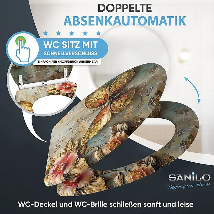 WC-Sitz mit Absenkautomatik & Top Fix Flutterby -  - Dekorativer WC-Sitz mit Absenkautomatik und Schnellverschluss, Blumen- und Schmetterlingsmotiv.