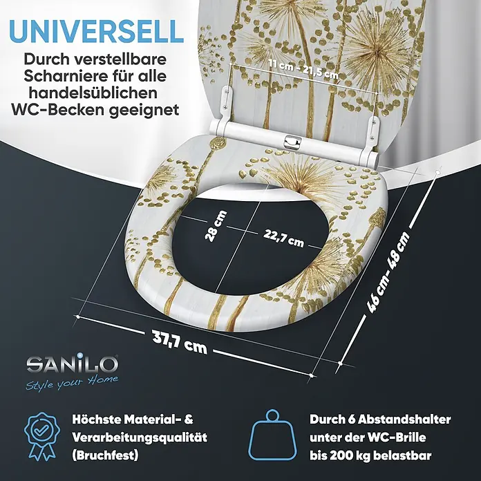 WC-Sitz mit Absenkautomatik & Top Fix Lumora -  - Weißer WC-Sitz mit goldenem Pusteblumen-Design, verstellbaren Scharnieren für universelle Passform und 200 kg Belastbarkeit.