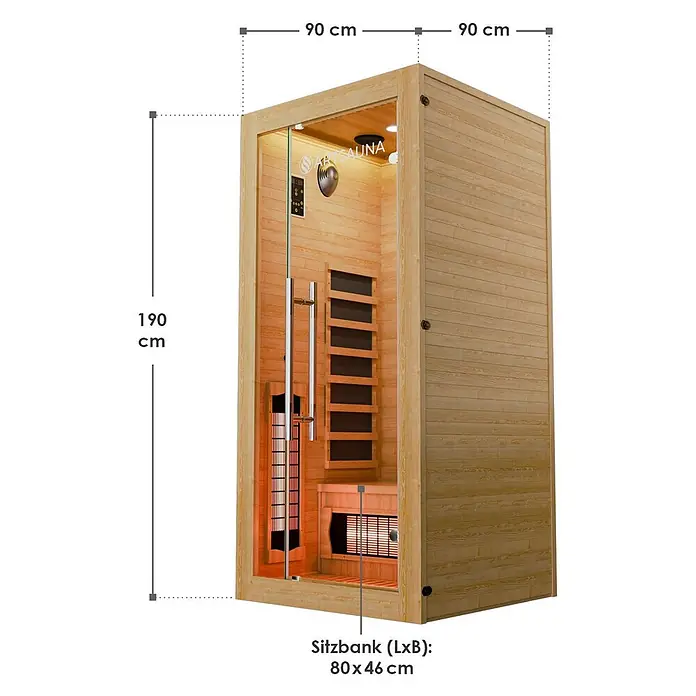 Infrarotkabine Kiruna90 Premium -  - Kompakte Infrarotsauna aus hellem Holz mit Glastür und integrierter Sitzbank.
