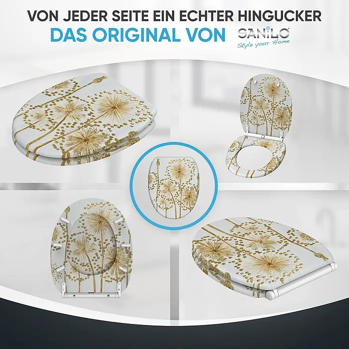 WC-Sitz mit Absenkautomatik & Top Fix Lumora -  - WC-Sitz mit elegantem Pusteblumen-Design in Gold, aus verschiedenen Blickwinkeln gezeigt.