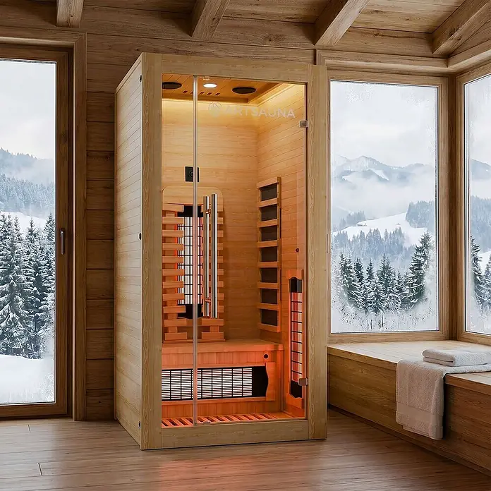 Infrarotkabine Kiruna90 Premium -  - Infrarotsauna aus hellem Holz mit Glastür, innen beleuchtet, in gemütlichem Holzraum mit Bergblick im Schnee.