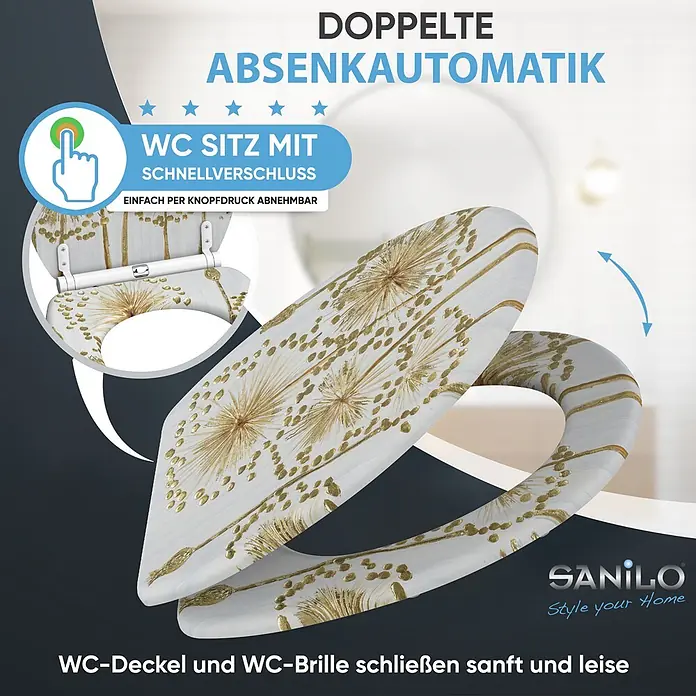 WC-Sitz mit Absenkautomatik & Top Fix Lumora -  - Weißer WC-Sitz mit goldfarbenen Pusteblumen-Design, doppelter Absenkautomatik und Schnellverschluss.