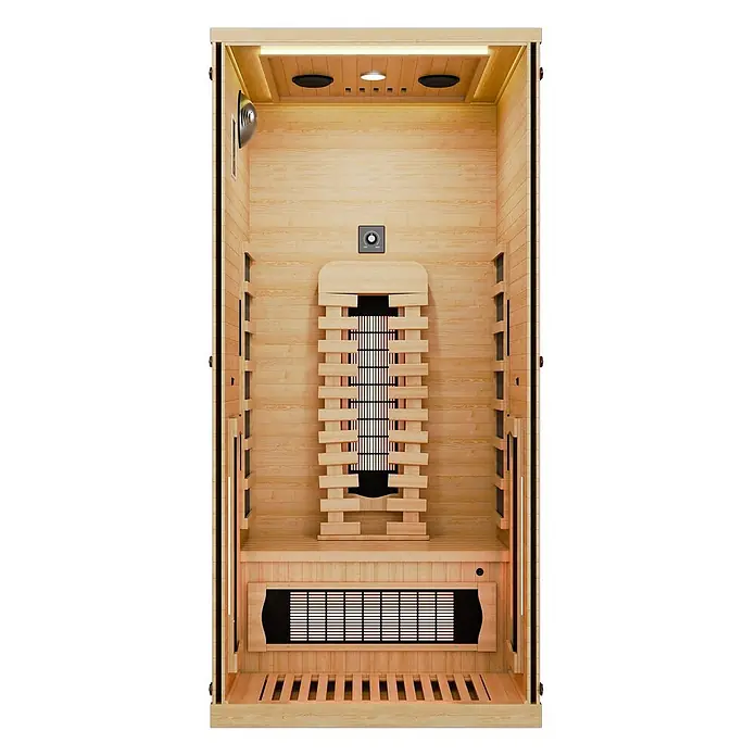 Infrarotkabine Kiruna90 Premium -  - Innenansicht einer hellen Infrarotsaunakabine aus Holz mit Rücken-, Seiten- und Fußheizungen, Bank und Bedienfeld.