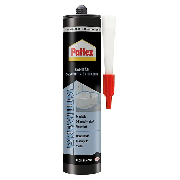 Pattex Sanitär-Silikon - Weiß, Nettovolumen: 280 ml - Schwarze Pattex Sanitär Silikonkartusche "Transparent" mit weißer Düse und rotem Applikator, langlebig, schimmelresistent, wasserfest.