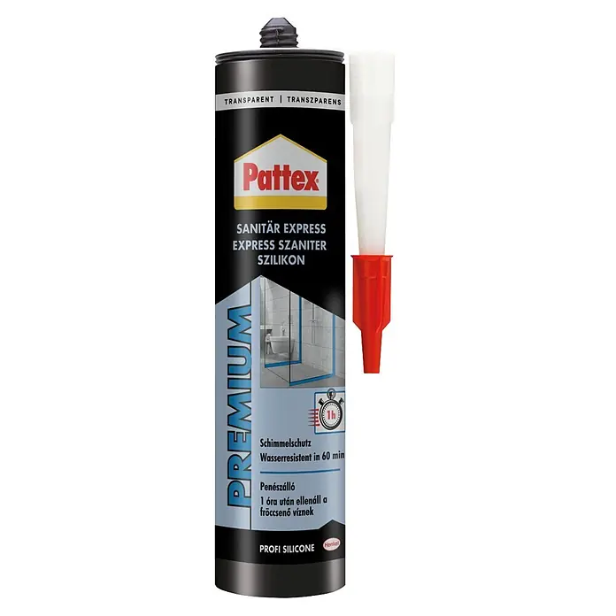 Pattex Sanitär-Silikon - Transparent, Nettovolumen: 280 ml - Schwarze Pattex Sanitär Express Silikonkartusche mit transparentem Silikon, roter Düse, 60 Min. wasserresistent.