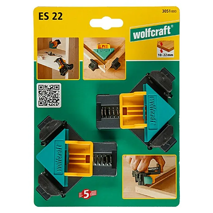Wolfcraft Eckenspanner ES 22 - Spannweite: 10 mm - 22 mm - Bild einer Packung mit zwei Wolfcraft Eckspannzwingen zum Fixieren von Werkstücken in einem 90-Grad-Winkel.