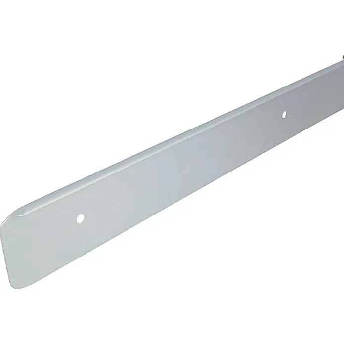 Resopal Randleiste - 60 x 3,8 cm, Passend für: Resopal Küchenarbeitsplatten Tiefe 60 cm - Nahaufnahme einer grauen Befestigungsleiste mit abgerundetem Ende und zwei Löchern zur einfachen Montage und sicheren Befestigung.