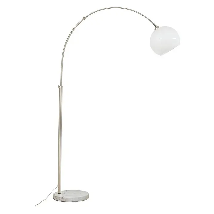 Lindby Stehlampe Wohnzimmer in weiß, nickel, Stehleuchte -  - Bogenlampe mit gebürstetem Metallständer, gebogenem Arm, weißem Kugelschirm und rundem Marmorsockel.