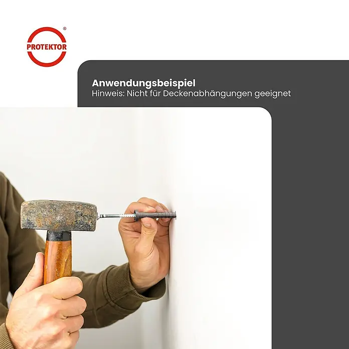 Protektor Schlagdübel - Stahl - Person installiert grauen Dübel mit Schraube mit Hammer in eine Wand. Nicht für Deckenabhängungen geeignet.