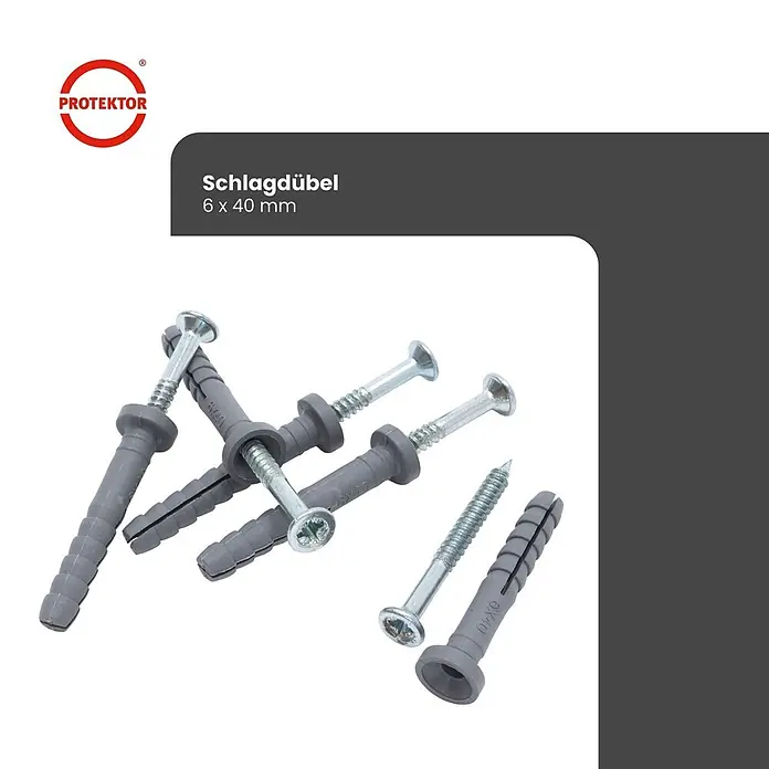Protektor Schlagdübel - Stahl - Graue Kunststoff-Schlagdübel mit Metallschrauben, 6x40mm.