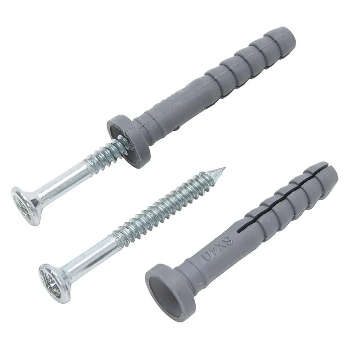 Protektor Schlagdübel - Stahl - Zwei graue Kunststoffdübel (einer mit 6x40 markiert) und zwei silberne Metallschrauben, ein Set teilweise montiert.
