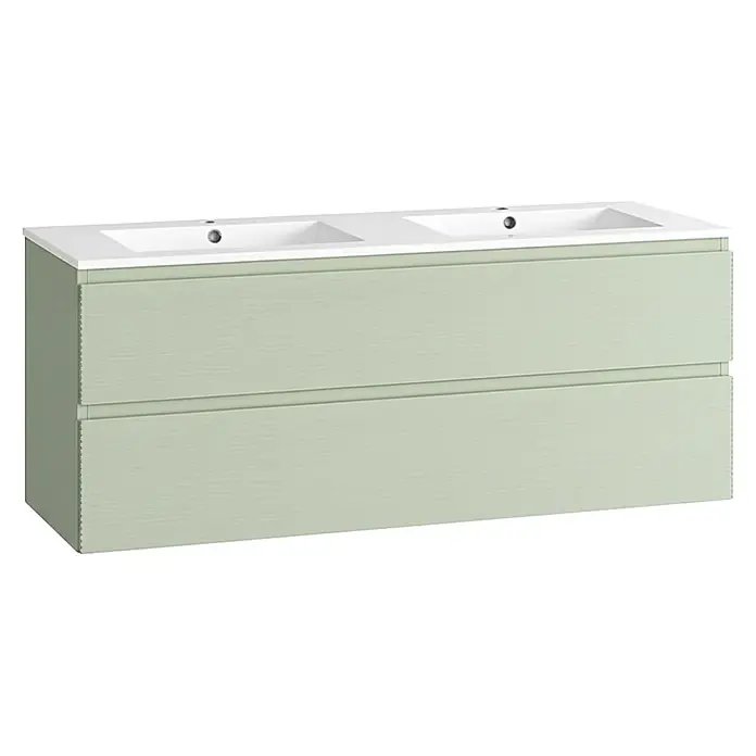 Mueble bajo de lavabo Cristal 2 senos - An x Pr x Al: 120 x 45 x 60 cm, Verde atlántico - Mueble de baño doble verde claro con dos lavabos blancos integrados y dos cajones.