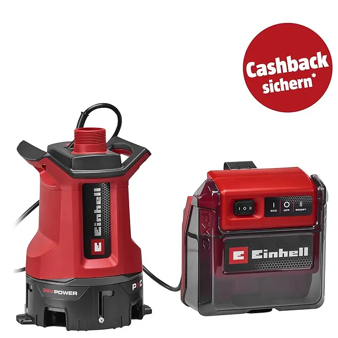 Einhell PXC 18V Schmutzwasserpumpe GE-DP 36/35 LL Li-Solo - 36 V, Max. Fördermenge: 14.000 l/h - Rote und schwarze Einhell Akku-Wasserpumpe mit separatem 36V Netzteil.