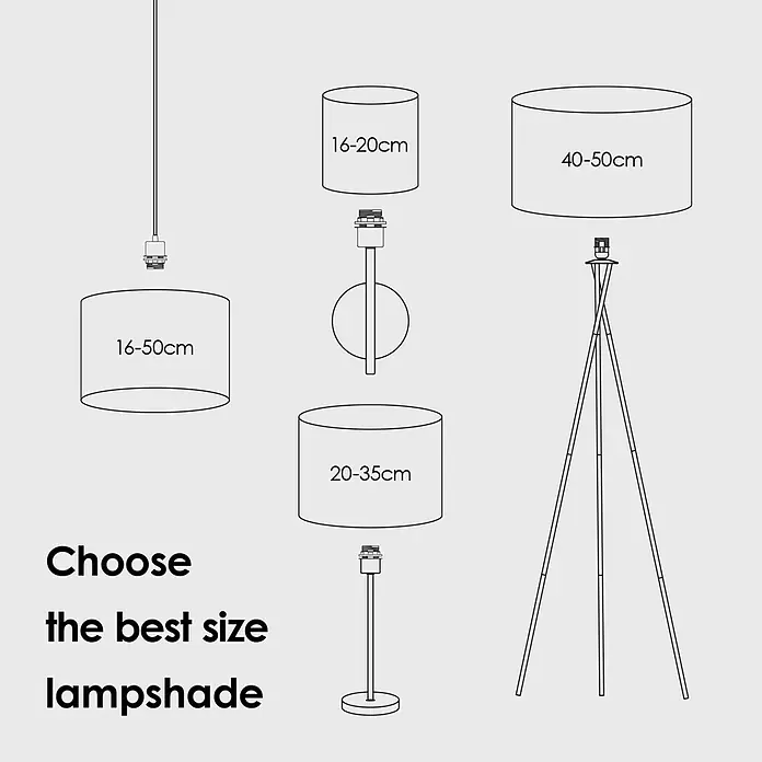Home Sweet Home Lampenschirm - Schwarz, E27, 20 x 17 cm - Diagramm mit empfohlenen zylindrischen Lampenschirmgrößen für Hänge-, Wand-, Tisch- und Stehlampen.