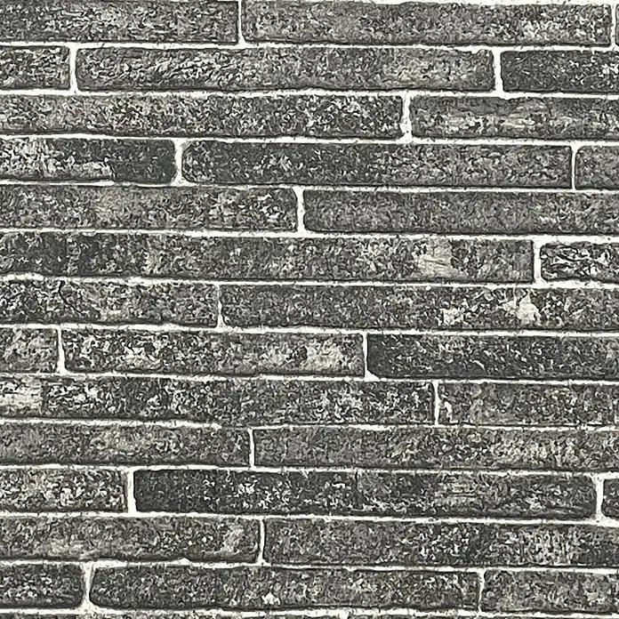 Marburg Sand & Stones Vliestapete Steinmauer I - Dunkelgrau, Steinoptik, 10,05 x 0,53 m - Dunkelgraue Ziegelwandtextur mit weißen Mörtellinien.